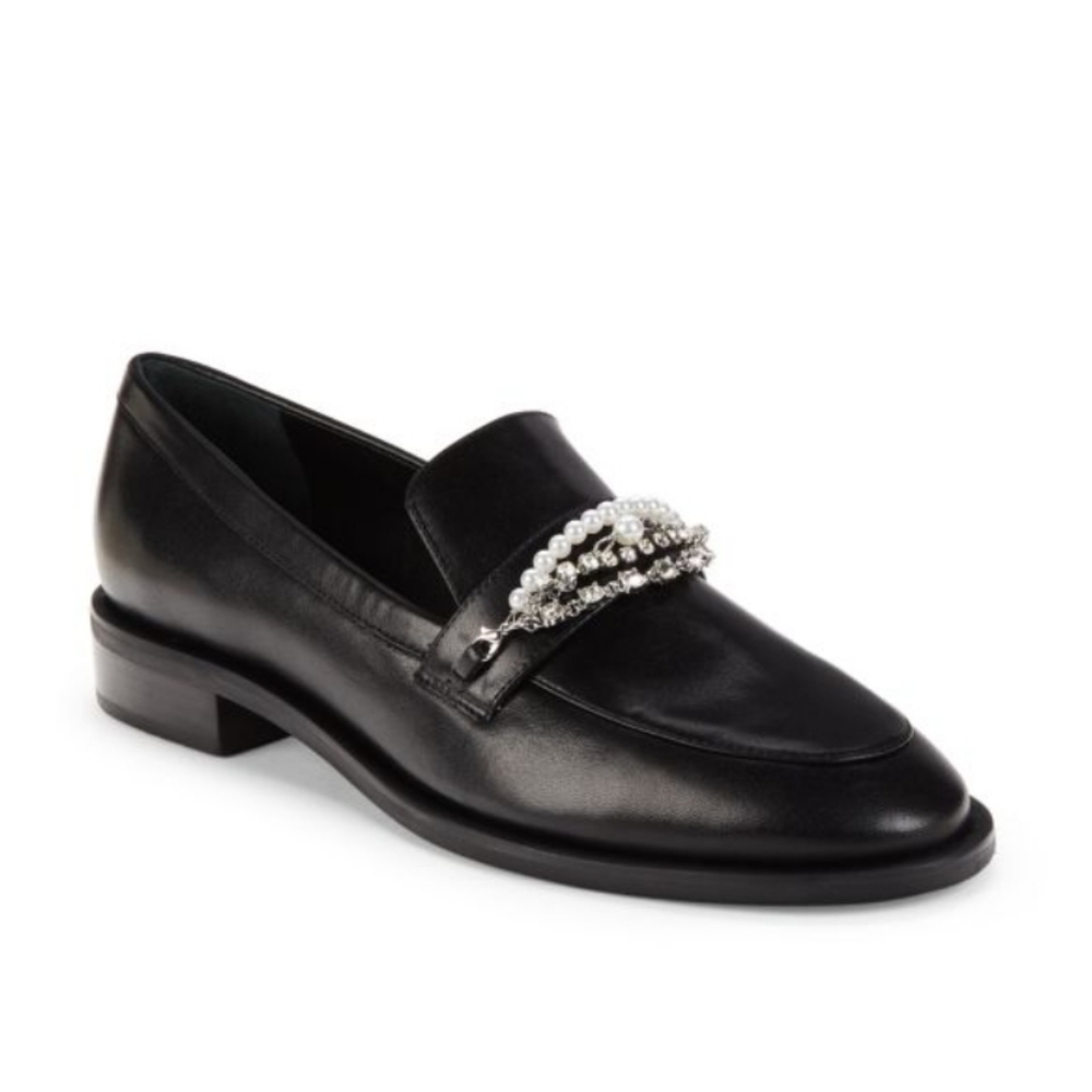 NEW Stuart Weitzman Black Leather Pearly Chain Casual Loafers Shoes